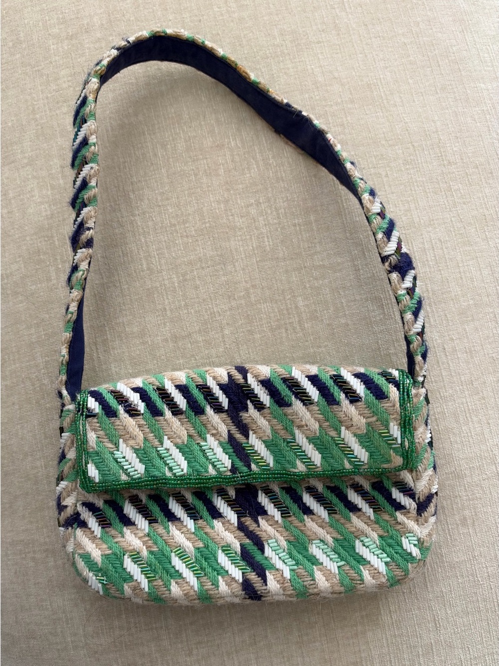 Anthropologie Green Navy Cream Woven Shoulder Bag
